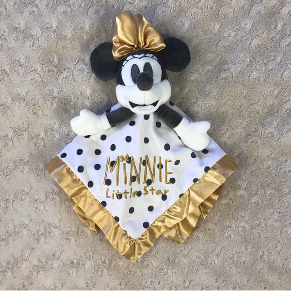 Disney Baby Minnie Mouse Little Star Lovey Security Blanket Gray White Gold Dots - Picture 1 of 4